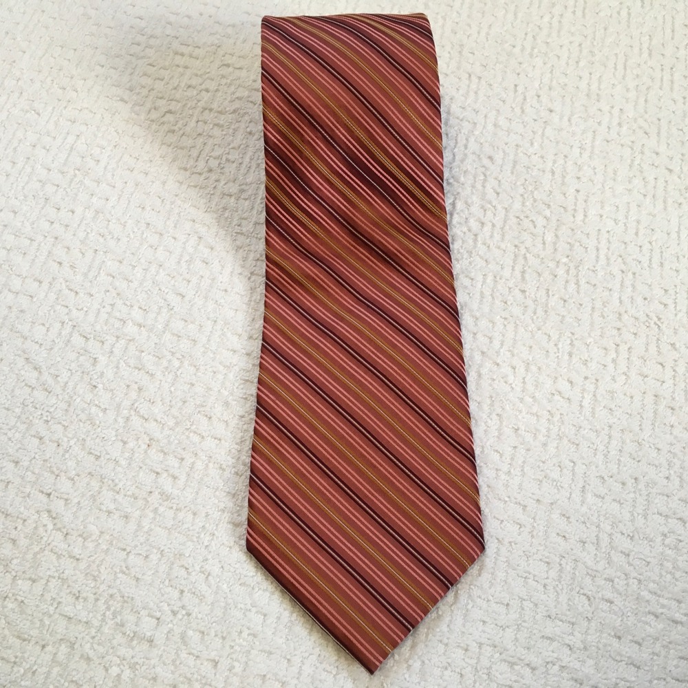 Claiborne‎ Men's Striped Necktie Pink Maroon Gold Diagonal Silk Blend